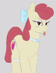 Size: 2760x3570 | Tagged: safe, artist:mare_enjoyer, derpibooru import, apple bloom, earth pony, pony, blue bow, bow, clothes, collar, colored sketch, eyeshadow, female, gray background, hair bow, looking at you, makeup, mare, older, older apple bloom, panties, simple background, sketch, solo, thigh bands, thong, tongue, tongue out, underwear