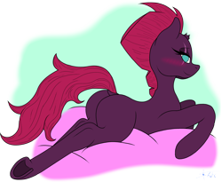 Size: 2800x2300 | Tagged: safe, alternate version, artist:anix_space, derpibooru import, tempest shadow, pony, unicorn, g4, bed, bedroom eyes, blushing, broken horn, butt, dock, female, horn, looking at you, looking back, looking back at you, lying down, lying on bed, mare, on bed, plot, png, prone, simple background, tail, tempass, underhoof