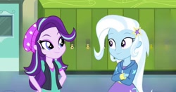 Size: 1120x585 | Tagged: safe, derpibooru import, edit, edited screencap, screencap, starlight glimmer, trixie, human, equestria girls, g4, duo, duo female, female, lesbian, shipping, startrix