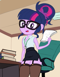 Size: 979x1255 | Tagged: safe, artist:calmbreezes, derpibooru import, sci-twi, twilight sparkle, human, equestria girls, g4, breasts, cleavage, clothes, fanning, fanning self, female, garters, glasses, lanyard, looking at you, miniskirt, office, office lady, skirt, solo, zettai ryouiki