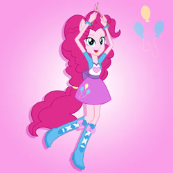 Size: 2000x2000 | Tagged: safe, artist:julie-z, derpibooru import, pinkie pie, human, equestria girls, g4, rainbow rocks, drumsticks, female, pink background, ponied up, pony ears, rainbow rocks 10th anniversary, simple background, solo