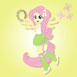 Size: 2000x2000 | Tagged: safe, artist:julie-z, derpibooru import, fluttershy, human, equestria girls, g4, rainbow rocks, clothes, female, fluttershy's skirt, musical instrument, ponied up, pony ears, rainbow rocks 10th anniversary, simple background, skirt, solo, tambourine, yellow background