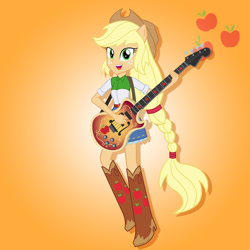 Size: 1280x1280 | Tagged: safe, artist:julie-z, derpibooru import, applejack, human, equestria girls, g4, rainbow rocks, applejack's hat, bass guitar, clothes, cowboy hat, female, hat, musical instrument, orange background, ponied up, pony ears, rainbow rocks 10th anniversary, simple background, solo