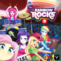 Size: 1200x1200 | Tagged: safe, artist:riouku, derpibooru import, applejack, fluttershy, pinkie pie, rainbow dash, rarity, equestria girls, g4, rainbow rocks, album cover, album parody, avenged sevenfold, blushing, clothes, commission, cowboy hat, crowd, cute, dashabetes, diapinkes, dress, drum kit, drums, drumsticks, female, freckles, grin, guitar, hat, jackabetes, keytar, musical instrument, open mouth, parody, rainbow rocks 10th anniversary, raribetes, shirt, shyabetes, smiling