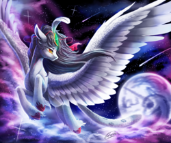 Size: 2672x2244 | Tagged: safe, artist:icerrhythm, derpibooru import, oc, oc only, classical unicorn, pegasus, unicorn, cloud, cloven hooves, commission, feathered wings, flying, forehead gem, horn, leonine tail, mare in the moon, moon, shooting star, signature, solo, stars, tail, unshorn fetlocks, wings