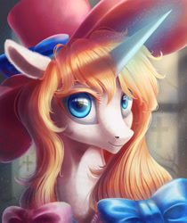 Size: 2244x2672 | Tagged: safe, artist:icerrhythm, derpibooru import, oc, oc only, pony, unicorn, bust, commission, female, hat, horn, looking at you, mare, portrait, smiling, solo