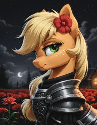 Size: 1120x1440 | Tagged: safe, ai content, derpibooru import, generator:pony diffusion v6 xl, generator:stable diffusion, machine learning generated, applejack, earth pony, pony, g4, armor, bedroom eyes, cheek fluff, ear fluff, ears, fantasy class, female, flower, flower field, flower in hair, looking sideways, mare, moon, night, prompter:ramprover, side view, sky, smiling, solo, warrior