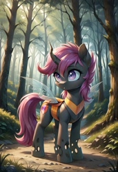 Size: 800x1169 | Tagged: safe, ai content, derpibooru import, generator:pony diffusion v6 xl, generator:stable diffusion, machine learning generated, scootaloo, changeling, g4, changelingified, cutie mark on changeling, female, forest, mare, nature, outdoors, prompter:gregorymars, scootaling, solo, species swap, tree