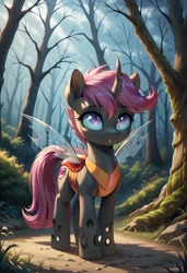 Size: 800x1169 | Tagged: safe, ai content, derpibooru import, generator:pony diffusion v6 xl, generator:stable diffusion, machine learning generated, scootaloo, changeling, g4, changelingified, cutie mark on changeling, female, forest, mare, nature, outdoors, prompter:gregorymars, scootaling, solo, species swap, tree