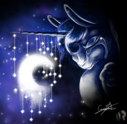 Size: 2002x1951 | Tagged: safe, artist:cune-roos, derpibooru import, princess luna, alicorn, pony, g4, 2018, beautiful, bust, crying, dangling, dark, deviantart watermark, ethereal mane, eyes closed, female, glowing, highlights, horn, long horn, mare, moon, night, obtrusive watermark, sad, signature, solo, starry mane, stars, tangible heavenly object, teary eyes, watermark