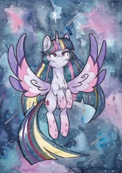 Size: 4196x5926 | Tagged: safe, artist:lightisanasshole, derpibooru import, twilight sparkle, twilight sparkle (alicorn), alicorn, pony, female, painting, rainbow power, rainbow power-ified, solo, solo female, space, stars, traditional art, watercolor painting