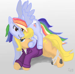 Size: 901x886 | Tagged: safe, artist:finlet90, derpibooru import, ms. harshwhinny, rainbow dash, earth pony, pony, g4, bound legs, duo, duo female, female, gradient background