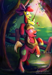 Size: 2031x2954 | Tagged: safe, artist:mad munchkin, derpibooru import, apple bloom, big macintosh, smarty pants, earth pony, pony, g4, brother and sister, female, fence, heart, heart eyes, male, ponies riding ponies, rearing, riding, riding a pony, siblings, tree, wingding eyes