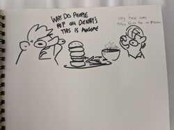 Size: 4032x3024 | Tagged: safe, artist:tjpones, derpibooru import, oc, oc only, oc:tjpones, earth pony, pony, burger, denny's, dialogue, duo, duo male and female, fat, female, food, french fries, grayscale, male, monochrome, open mouth, pen drawing, sketch, sketchbook, traditional art, waitress