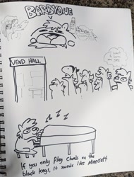 Size: 2613x3442 | Tagged: safe, artist:tjpones, derpibooru import, oc, oc only, oc:tjpones, earth pony, pony, fire, fire breath, grayscale, hot sauce, male, mare fair, monochrome, musical instrument, pen drawing, piano, sketch, sketchbook, stallion, thought bubble, traditional art