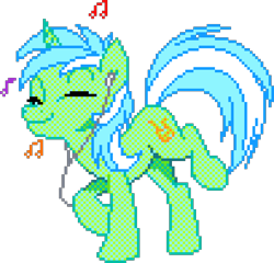 Size: 1020x980 | Tagged: safe, artist:epicvon, artist:imalou, derpibooru import, lyra heartstrings, pony, unicorn, g4, dancing, digital art, earbuds, eyes closed, female, headphones, horn, manepxls, mare, music, music notes, pixel art, pxls.space, simple background, smiling, solo, transparent background