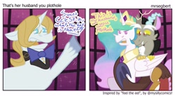 Size: 2560x1400 | Tagged: safe, artist:mrsegbert, derpibooru import, discord, prince blueblood, princess celestia, g4, bowtie, celestia is not amused, comic, crown, dislestia, female, husband and wife, implied marriage, jewelry, male, marriage, married couple, meta, name, necktie, plothole, regalia, shipping, straight, unamused, watermark