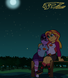 Size: 3700x4200 | Tagged: safe, artist:digi1talpho3nix, derpibooru import, sci-twi, sunset shimmer, twilight sparkle, human, equestria girls, g4, breasts, converse, duo, duo female, female, forest, lake, lesbian, looking up, moon, nature, night, outdoors, pier, sci-twishimmer, shipping, shoes, sitting, sky, stars, sunsetsparkle, tree, water