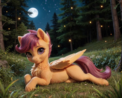 Size: 1272x1024 | Tagged: safe, ai content, derpibooru import, generator:stable diffusion, machine learning generated, scootaloo, firefly (insect), insect, pegasus, pony, g4, blank flank, chest fluff, cute, cutealoo, detailed, ear fluff, ears, feathered wings, female, filly, fluffy, foal, forest, grass, looking at you, lying down, lying on the ground, moon, nature, night, no cutie marks yet, on ground, outdoors, photorealistic, prompter:bloodwood, prone, realistic, smiling, smiling at you, solo, tree, wings