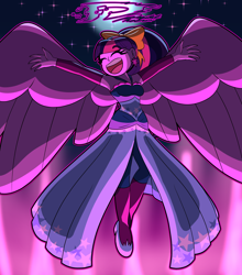 Size: 3700x4200 | Tagged: safe, artist:digi1talpho3nix, derpibooru import, twilight sparkle, human, equestria girls, g4, bare shoulders, clothes, elegant, eyes closed, female, flying, human female, humanized, open mouth, open smile, shoes, smiling, solo, winged humanization, wings