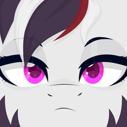 Size: 4600x4600 | Tagged: safe, artist:desombra, derpibooru import, oc, oc only, oc:star nova, hybrid, zebra, zony, face, looking at you, male, pink eyes, stallion, striped mane, stripes