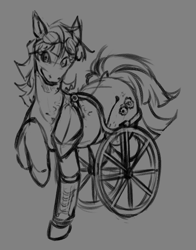 Size: 1600x2039 | Tagged: safe, artist:natt333, derpibooru import, oc, oc only, oc:rusty gear, earth pony, pony, disabled, gray background, simple background, solo, wheelchair