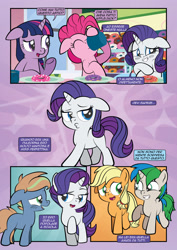 Size: 1920x2715 | Tagged: safe, artist:alexdti, derpibooru import, applejack, pinkie pie, rarity, twilight sparkle, twilight sparkle (alicorn), oc, oc:brainstorm (alexdti), oc:star logic, alicorn, earth pony, pony, comic:how we met (italian), g4, blushing, donut, ears, female, filly, filly applejack, filly rarity, floppy ears, foal, food, younger