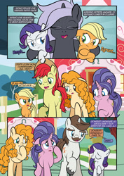 Size: 1920x2715 | Tagged: safe, artist:alexdti, derpibooru import, applejack, bright mac, cookie crumbles, hondo flanks, pear butter, rarity, oc, pony, unicorn, comic:how we met (italian), g4, female, filly, filly applejack, filly rarity, foal, horn, implied sweetie belle, pregnant, younger