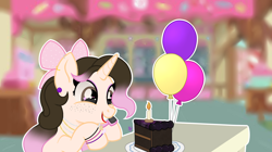 Size: 3116x1740 | Tagged: safe, artist:kathepart, derpibooru import, oc, oc only, oc:kinna-ca, unicorn, accessory, balloon, birthday, cake, candle, food, freckles, hair bun, horn, makeup, solo, sugarcube corner (interior)