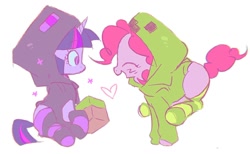 Size: 1472x907 | Tagged: safe, artist:wooodd_, derpibooru import, pinkie pie, twilight sparkle, unicorn twilight, earth pony, pony, unicorn, g4, clothes, cute, duo, duo female, eyes closed, female, heart, hoodie, horn, looking at each other, looking at someone, simple background, smiling, socks, striped socks, white background