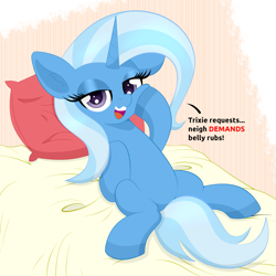 Size: 2283x2287 | Tagged: safe, artist:scandianon, derpibooru import, trixie, pony, unicorn, g4, asking for it, bed, bedroom eyes, bellyrub request, bronybait, colored hooves, ear fluff, ears, female, hoof on cheek, hooves, horn, indoors, lidded eyes, looking at you, lying down, mare, missing accessory, neigh, on back, on bed, open mouth, owo, pet request, pillow, solo, spread legs, spreading, talking, talking to viewer