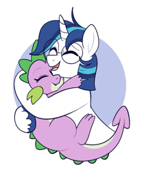 Size: 703x850 | Tagged: safe, artist:lulubell, derpibooru import, barb, shining armor, spike, dragon, pony, unicorn, g4, alternate hairstyle, alternate universe, au:sibling swap, brother and sister, cute, duo, female, glasses, horn, hug, male, rule 63, shining adorable, siblings, spikabetes, wingless barb