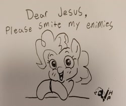 Size: 2048x1722 | Tagged: safe, artist:horsepen, derpibooru import, pinkie pie, earth pony, pony, g4, bust, female, grayscale, mare, misspelling, monochrome, pen drawing, praying, religion, solo, talking to viewer, traditional art