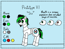 Size: 1605x1225 | Tagged: safe, artist:nukepony360, derpibooru import, oc, oc only, oc:prototype vi, pony, robot, robot pony, android, cutie mark, female, mare, reference sheet, simple background, solo