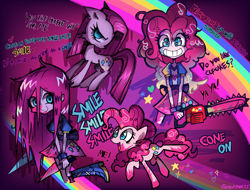 Size: 1790x1360 | Tagged: safe, artist:lulithmark, derpibooru import, pinkie pie, rainbow dash, bat pony, changeling, human, pony, fanfic:cupcakes, equestria girls, g4, blood, creepy, creepypasta, cute, fanfic art, pinkamena diane pie, smile hd, smiling