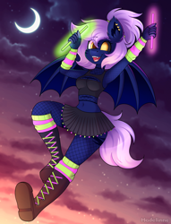 Size: 2296x3000 | Tagged: safe, artist:madelinne, derpibooru import, oc, oc only, anthro, bat pony, plantigrade anthro, bat pony oc, boots, clothes, crescent moon, female, fishnet clothing, fishnet stockings, flying, glowstick, jewelry, mare, midriff, moon, outdoors, ponytail, shoes, skirt, sky, socks, solo, stockings, thigh highs