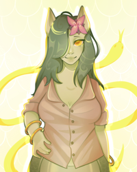 Size: 2400x3000 | Tagged: safe, artist:seed3y, derpibooru import, oc, oc only, oc:lamey, human, lamia, original species, snake, snake pony, bracelet, breasts, cleavage, clothes, eared humanization, female, flower, flower in hair, gold bracelet, humanized, jewelry, long hair, looking at you, smiling, smiling at you, snakepony, solo