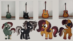 Size: 14080x7920 | Tagged: safe, artist:iamaveryrealperson, derpibooru import, oc, oc only, oc:amber strum, oc:dusk crescendo, oc:maple chord, oc:sylvan opus, earth pony, pony, unicorn, amputee, anxious, bandage, bracelet, closed mouth, colored, doodle, ear piercing, earth pony oc, eyelashes, eyepatch, female, genderfluid, gradient hooves, group, guitar, height difference, hoof on cheek, horn, jewelry, lesbian, looking at you, looking down, looking sideways, mare, multicolored hair, multicolored mane, multicolored tail, musical instrument, nonbinary, nonbinary oc, oc x oc, photo, piercing, ponified, prosthetic leg, prosthetic limb, prosthetics, scar, shipping, siblings, simple background, smiling, species swap, standing, tail, teeth, trans female, transgender, transgender oc, unicorn horn, unicorn oc