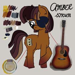 Size: 4608x4608 | Tagged: safe, artist:iamaveryrealperson, derpibooru import, oc, oc only, oc:amber strum, earth pony, pony, anxious, colored, cutie mark, doodle, earth pony oc, eyelashes, eyepatch, genderfluid, gradient hooves, guitar, looking down, multicolored hair, multicolored mane, multicolored tail, musical instrument, name, photo, ponified, reference sheet, simple background, solo, species swap, standing, tail, text