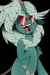 Size: 535x797 | Tagged: safe, artist:allcello, derpibooru import, oc, oc only, oc:sarias, kirin, black background, evil smile, female, glasses, kirin oc, open mouth, open smile, simple background, smiling, solo