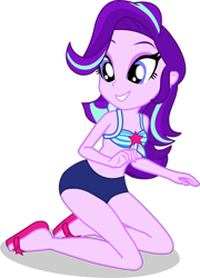 Size: 2757x3822 | Tagged: safe, alternate version, artist:dustinwatsongkx, derpibooru import, starlight glimmer, human, better together, equestria girls, g4, x marks the spot, accessory swap, bare arms, bare legs, bare shoulders, bikini, clothes, clothes swap, eyeshadow, female, geode of telekinesis, grin, hatless, high res, kneeling, magical geodes, makeup, missing accessory, sandals, sci-twi swimsuit, shadow, show accurate, simple background, sleeveless, smiling, solo, swimsuit, swimsuit swap, teeth, transparent background