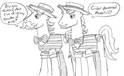 Size: 970x598 | Tagged: safe, artist:planetofjunk, derpibooru import, flam, flim, pony, unicorn, g4, bowtie, brothers, duo, facial hair, flim flam brothers, grin, hat, horn, identical twins, male, monochrome, moustache, necktie, old art, siblings, sketch, smiling, speech bubble, stallion, twin brothers, twins