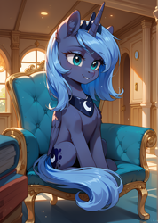 Size: 1776x2496 | Tagged: safe, ai content, derpibooru import, machine learning generated, princess luna, alicorn, pony, g4, armchair, chair, cute, female, horn, indoors, jewelry, lunabetes, mare, prompter:bluetoothworld, s1 luna, sitting, smiling, solo, tail, wings