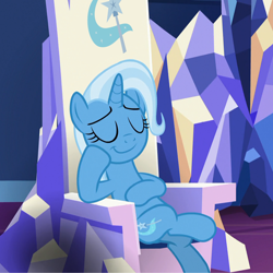 Size: 1080x1080 | Tagged: safe, derpibooru import, edit, edited screencap, editor:marefieber, screencap, trixie, pony, unicorn, all bottled up, g4, season 7, chair, cropped, crossed legs, crystal, eyes closed, female, hoof on chest, hoof to cheek, horn, indoors, mare, raised hoof, raised leg, relaxing, sitting, smiling, smirk, smug, solo, trixie's cutie mark, twilight's castle