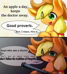 Size: 3150x3500 | Tagged: safe, artist:zemlya, derpibooru import, applejack, earth pony, pony, g4, 2 panel comic, comic, eye clipping through hair, female, gun, shotgun, solo, speech bubble, uh oh, weapon