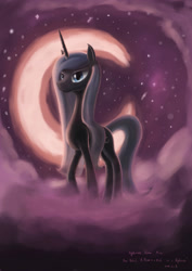 Size: 2480x3508 | Tagged: safe, artist:plainoasis, derpibooru import, nightmare moon, oc, oc:diana dreamscape, pony, unicorn, fanfic:a dream is a wish... or a nightmare, g4, cloud, crescent moon, female, horn, mare, moon, on a cloud, outdoors, slender, solo, thin