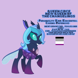 Size: 2997x2997 | Tagged: safe, artist:cookie-ruby, derpibooru import, oc, oc only, oc:circe, changedling, changeling, changeling queen, changepony, hybrid, asexual pride flag, changedling oc, changedling queen, changeling oc, changeling queen oc, dark changedling, interspecies offspring, magical lesbian spawn, offspring, parent:princess luna, parent:queen chrysalis, parents:chrysaluna, pride, pride flag, reference sheet, solo