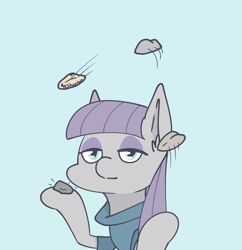 Size: 3618x3735 | Tagged: safe, artist:tkshoelace, derpibooru import, maud pie, earth pony, pony, g4, blue background, catching, clothes, ear fluff, ears, eyeshadow, female, juggling, lidded eyes, makeup, mare, raised hoof, raised leg, rock, simple background, smiling, solo, throwing