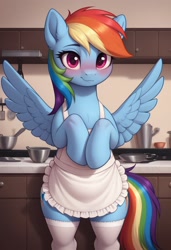 Size: 832x1216 | Tagged: safe, ai content, derpibooru import, generator:stable diffusion, machine learning generated, rainbow dash, pegasus, pony, g4, apron, bipedal, blushing, clothes, female, indoors, kitchen, looking at you, prompter:wkaf, socks, solo, spread wings, stockings, tail, thigh highs, wings