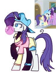 Size: 1668x2224 | Tagged: safe, artist:xinjinjumin652118129541, derpibooru import, rarity, pony, unicorn, g4, alternate hairstyle, backwards cap, bubblegum, clothes, collared shirt, disguise, female, food, gum, horn, leg strap, mare, plainity, reference used, shirt, shorts, simple background, text, white background